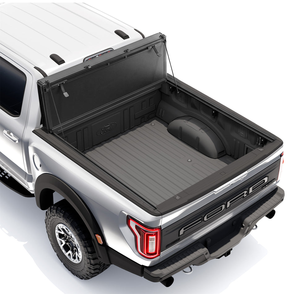 Guardrox LX5 flip up tonneau cover for 2015-2026 Ford F-150 6.5 ft bed, front panel propped upright