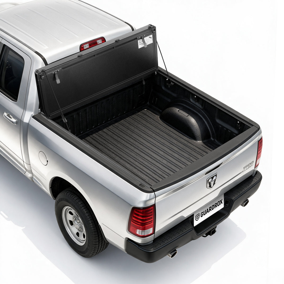 Guardrox LX5 flip up tonneau cover for 2019-2024 Dodge Ram 1500 Classic 6.4 ft bed, front panel propped upright