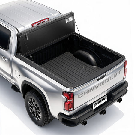 Guardrox LX5 flip up tonneau cover for 2019-2026 Chevy Silverado 1500 5.8 ft bed, front panel propped upright