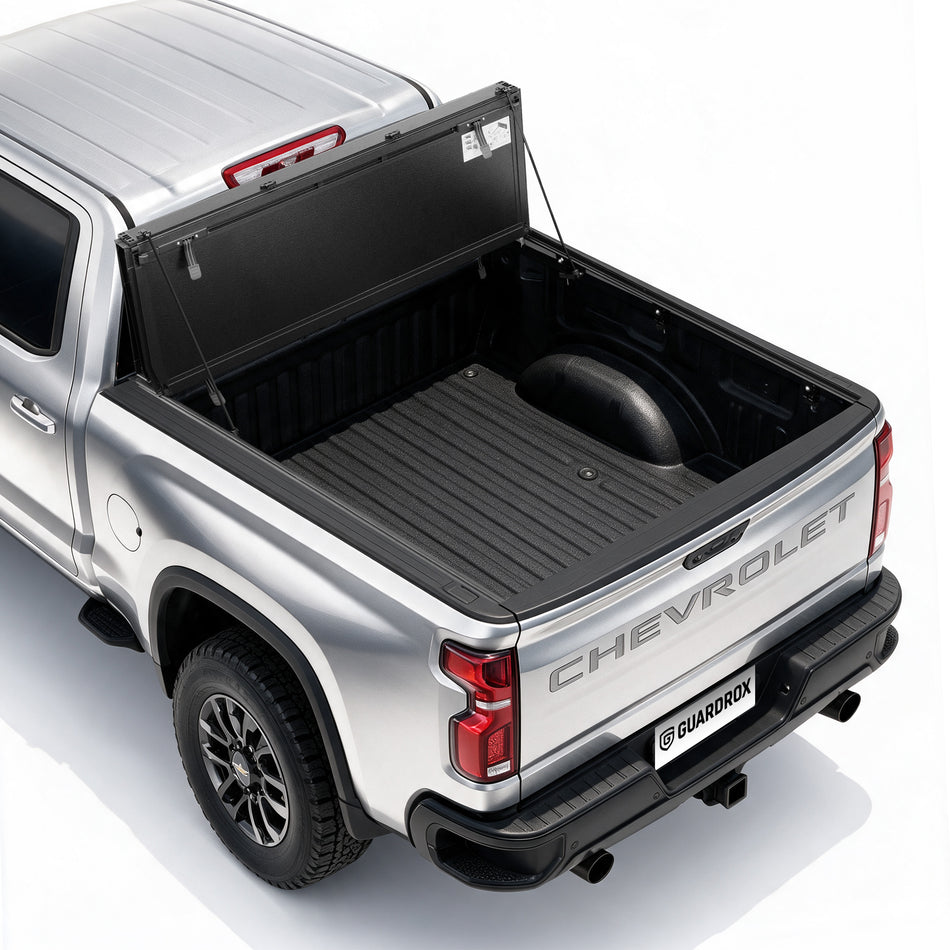 Guardrox LX5 flip up tonneau cover for 2019-2026 Chevy Silverado 1500 5.8 ft bed, front panel propped upright