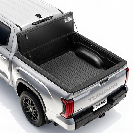Guardrox LX5 flip up tonneau cover for 2022-2026 Toyota Tundra 5.5 ft bed, front panel propped upright