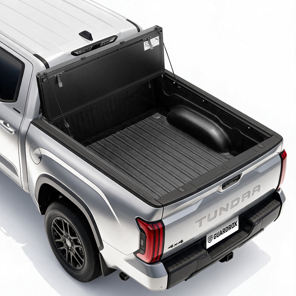 Guardrox LX5 flip up tonneau cover for 2022-2026 Toyota Tundra 5.5 ft bed, front panel propped upright