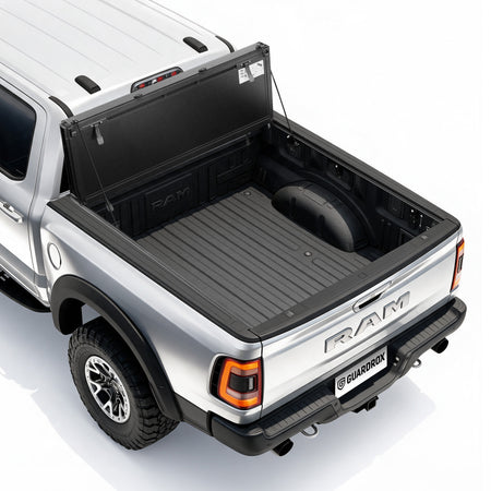 Guardrox LX5 flip up tonneau cover for 2009-2026 RAM 1500 5.7 ft bed, front panel propped upright