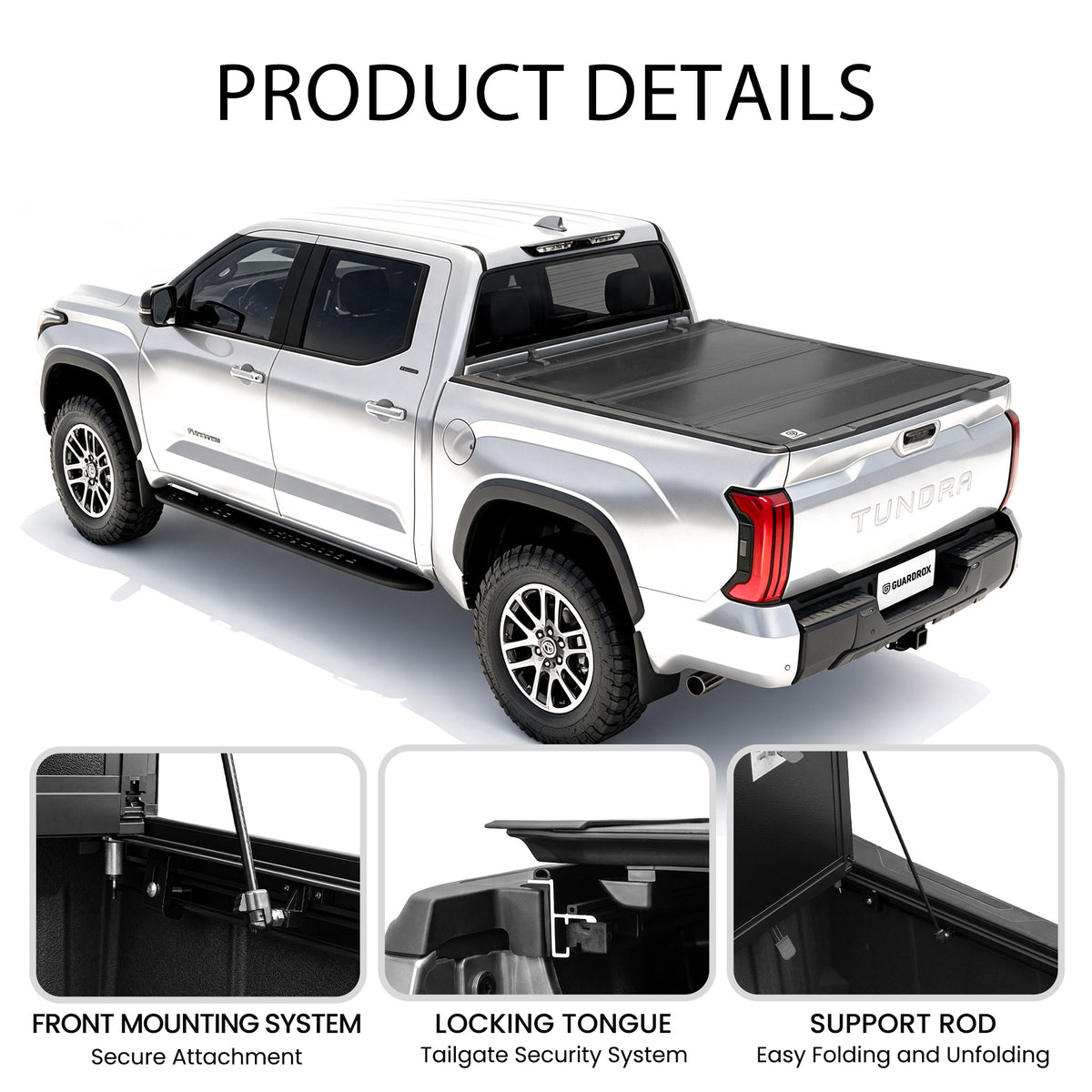 Low profile flip up tonneau cover callouts for front mounting clamps, locking tongue, and support rods