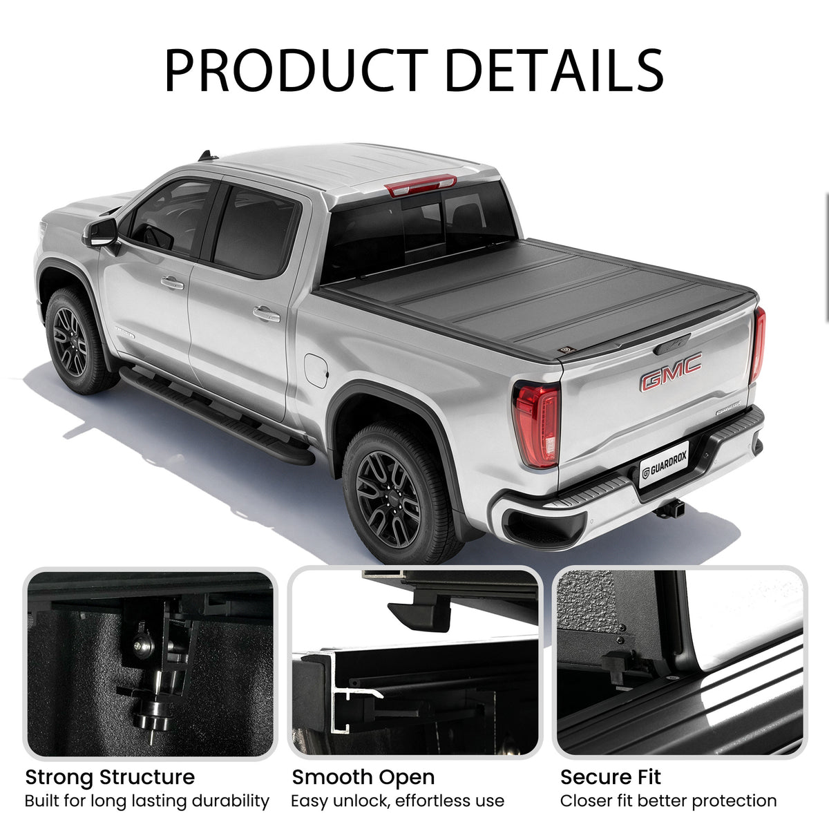 Low profile quad-fold tonneau cover callouts for four folding panels, heavy-duty clamps, and secure locks