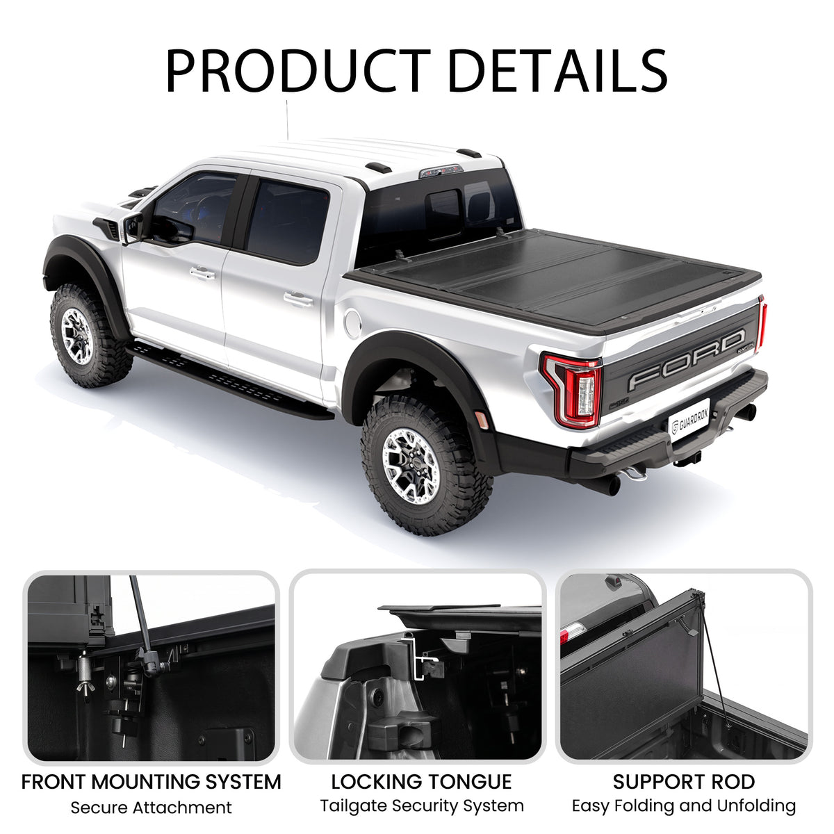 Low profile flip up tonneau cover callouts for front mounting clamps, locking tongue, and support rods