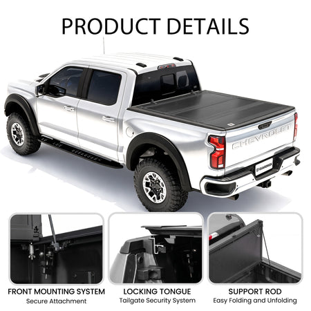 Low profile flip up tonneau cover callouts for front mounting clamps, locking tongue, and support rods