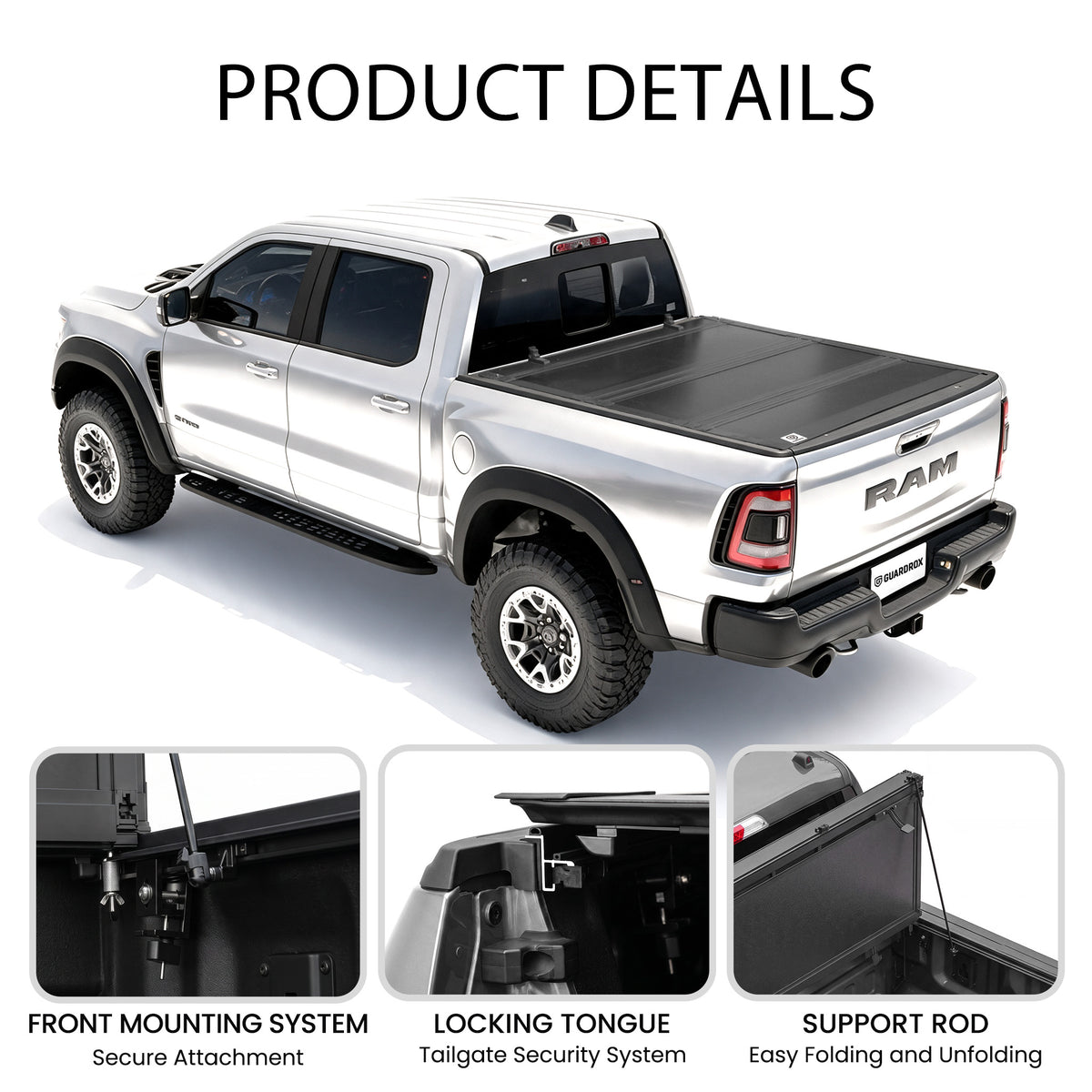 Low profile flip up tonneau cover callouts for front mounting clamps, locking tongue, and support rods