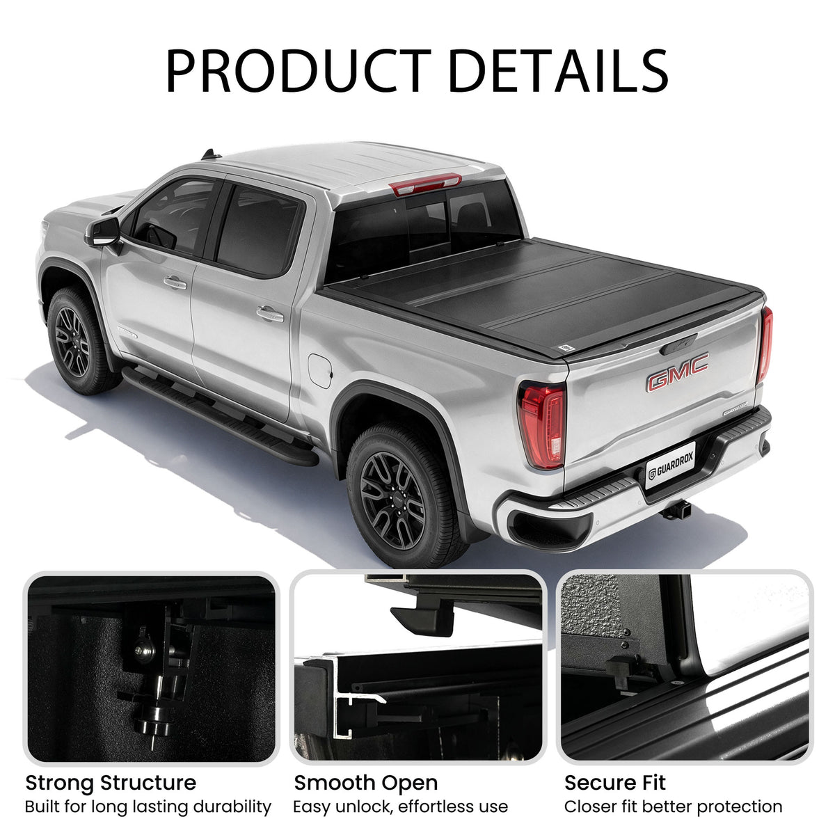 Low profile truck bed cover mounted on a pickup with callouts for strong structure, smooth opening, and secure fit