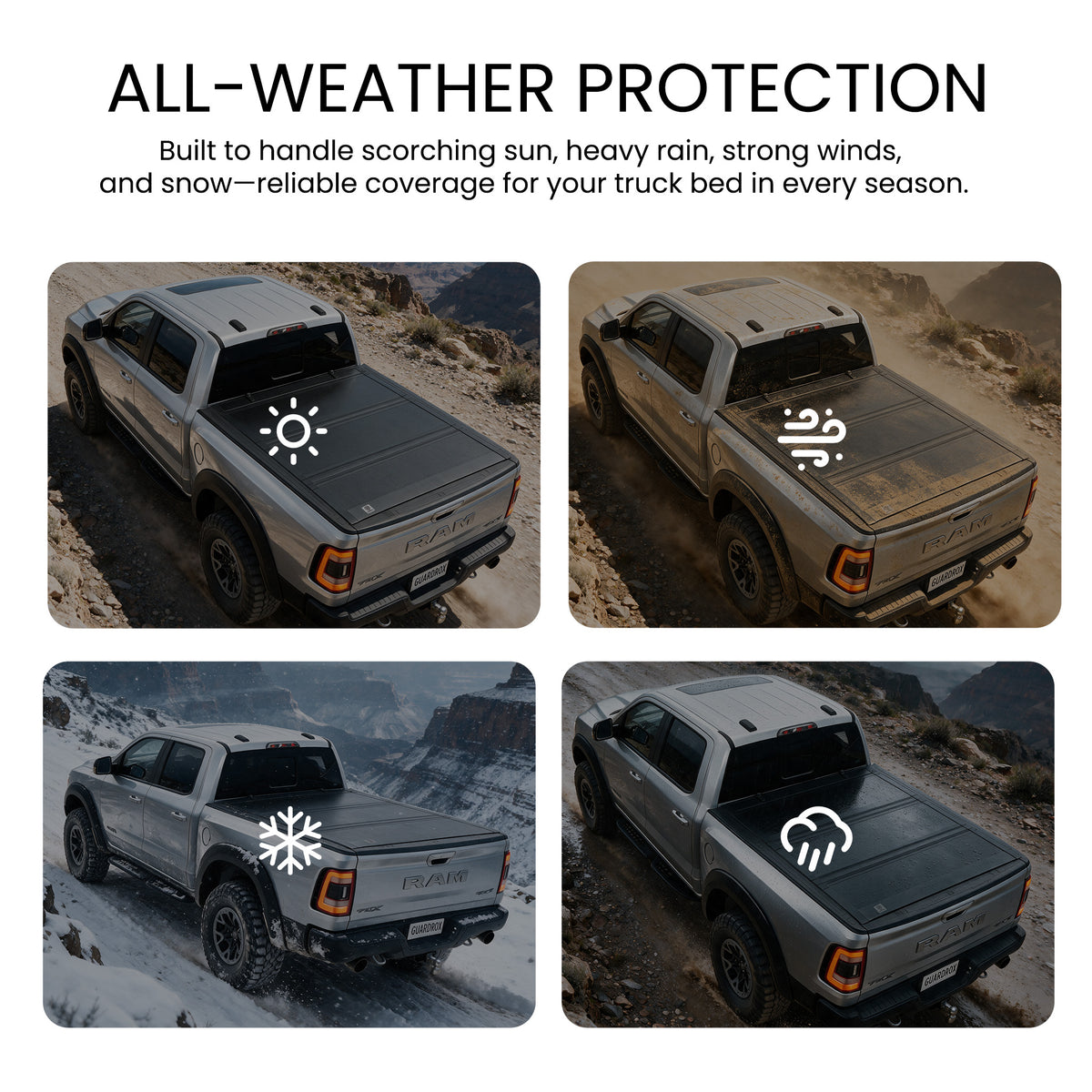 Flip up truck bed cover shielding cargo from sun, wind, snow, and rain across four weather scenes