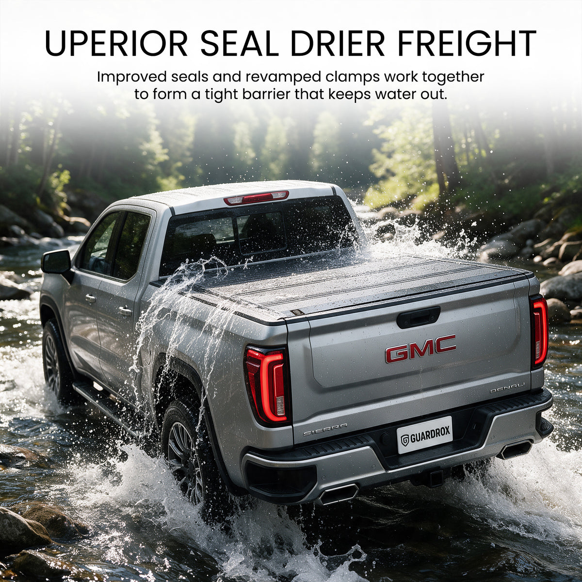 Waterproof hard quad-fold tonneau cover with full-perimeter seals fording a shallow stream
