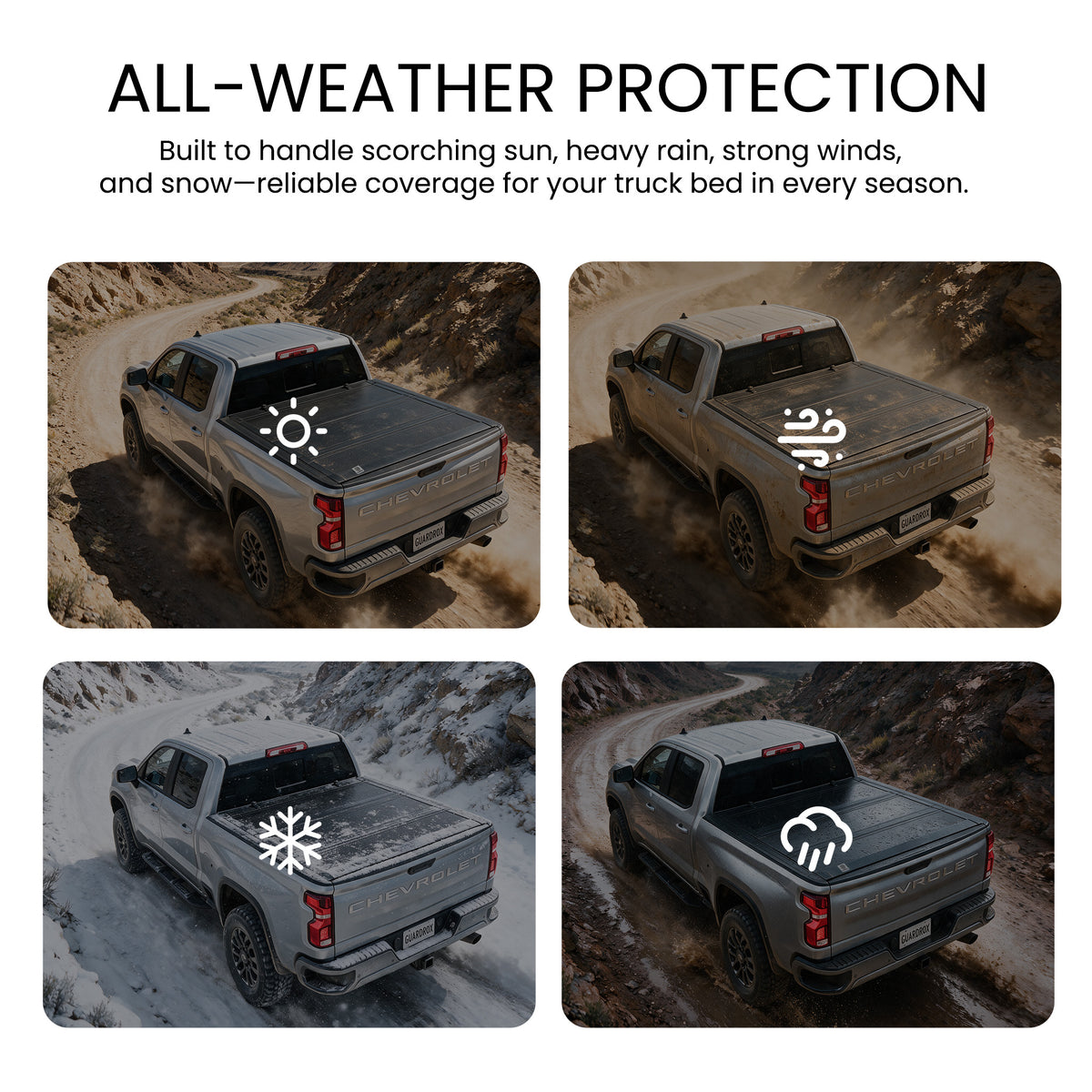 Flip up truck bed cover shielding cargo from sun, wind, snow, and rain across four weather scenes