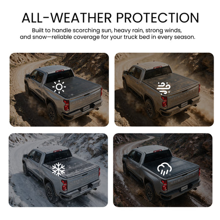 Flip up truck bed cover shielding cargo from sun, wind, snow, and rain across four weather scenes