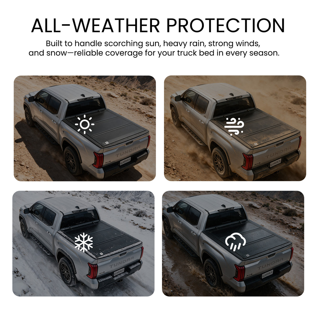 Flip up truck bed cover shielding cargo from sun, wind, snow, and rain across four weather scenes