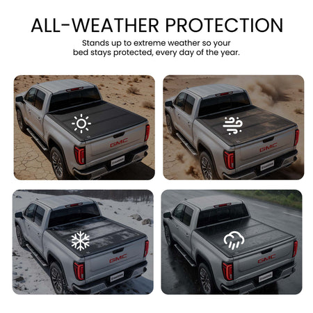 Hard truck bed cover shielding cargo from sun, wind, snow, and rain across four weather scenes