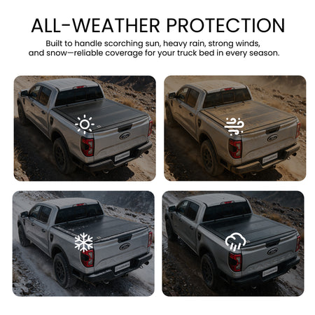 Flip up truck bed cover shielding cargo from sun, wind, snow, and rain across four weather scenes