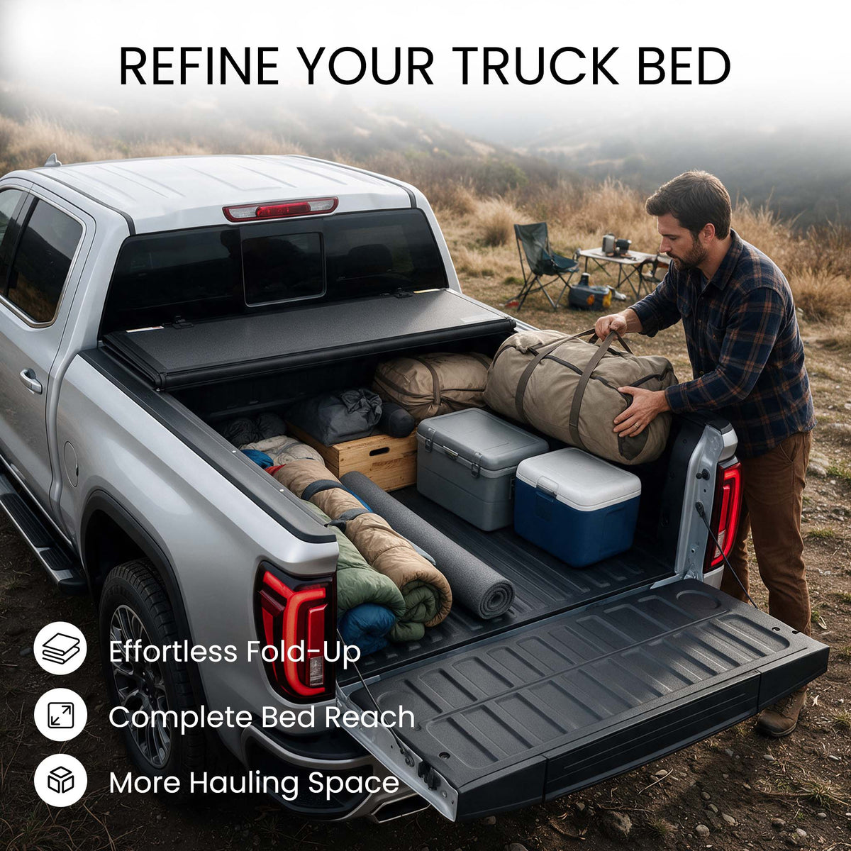 Folding truck bed cover propped open with firewood, skis, and duffels loaded in a serria 1500 pickup bed