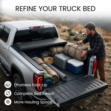 Folding truck bed cover propped open with firewood, skis, and duffels loaded in a serria 1500 pickup bed