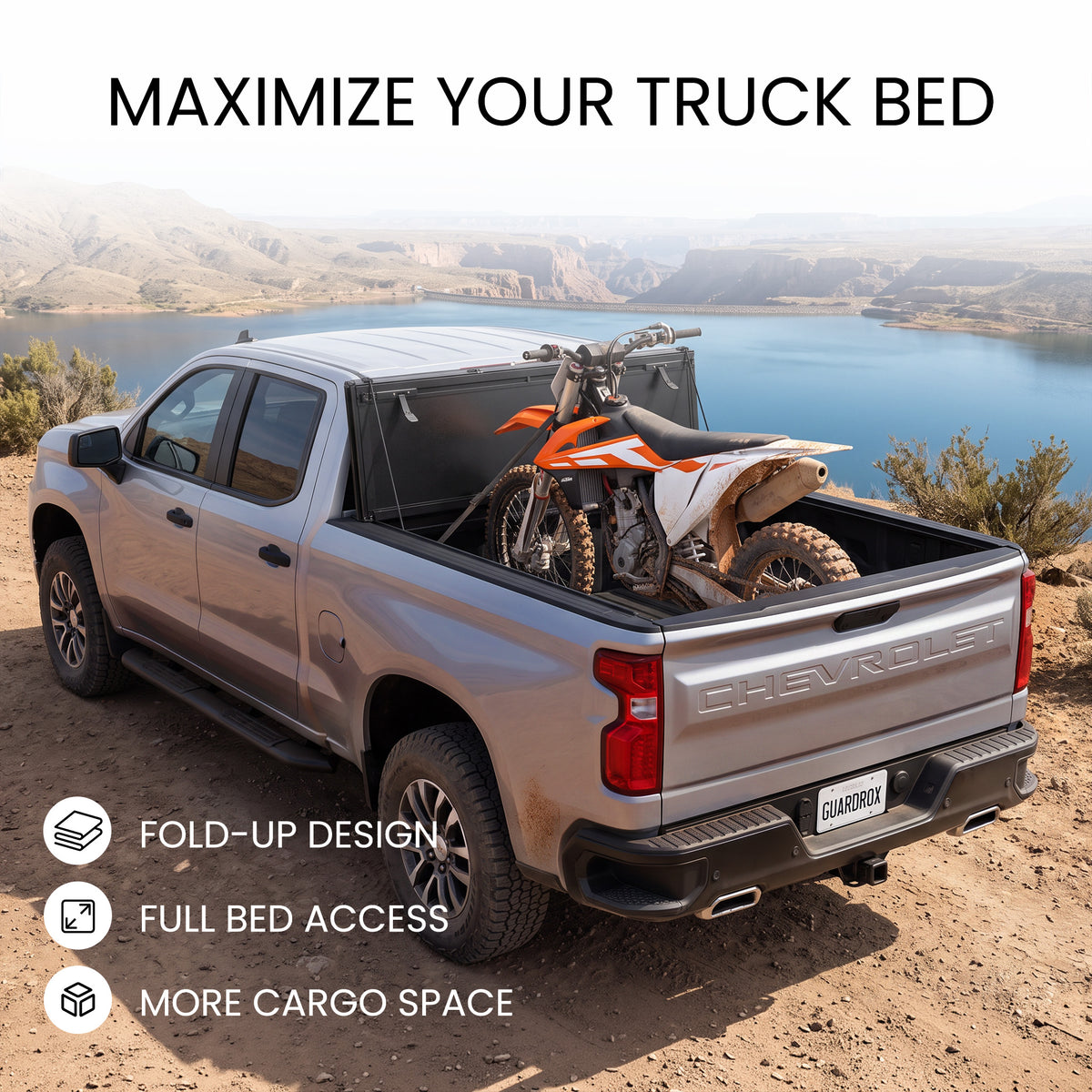 Chevy Silverado 1500 bed with the LX5 cover propped upright and loaded with mountain bikes for full cargo space