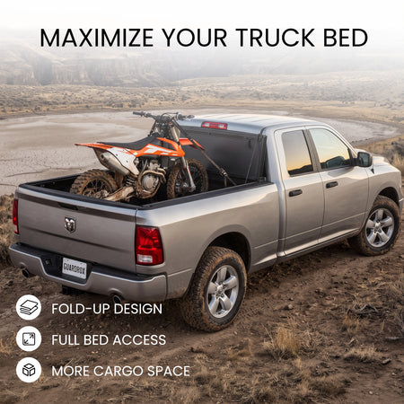  Dodge Ram 1500 Classic bed with the LX5 cover propped upright and loaded with mountain bikes for full cargo space