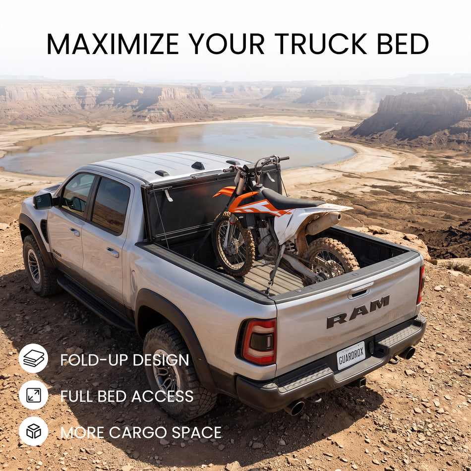 RAM 1500 New Body bed with the LX5 cover propped upright and loaded with mountain bikes for full cargo space