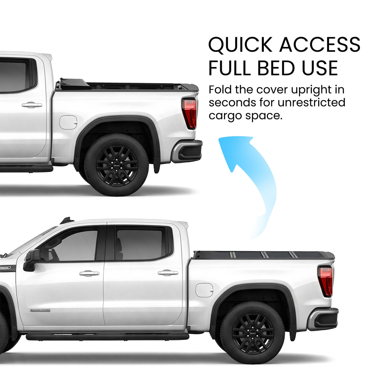 GMC Sierra 1500 truck bed with the hard quad-fold tonneau cover shown closed and fully folded open