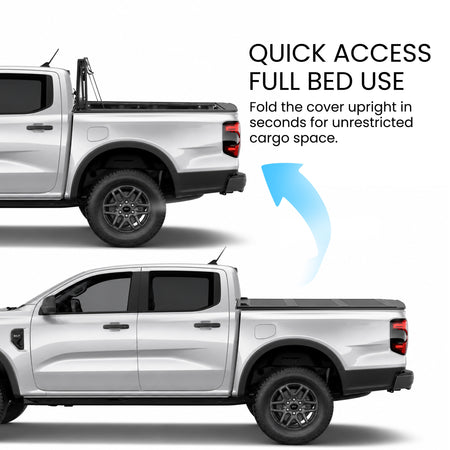 Ford Ranger truck bed with the LX5 flip up tonneau cover shown closed and propped upright