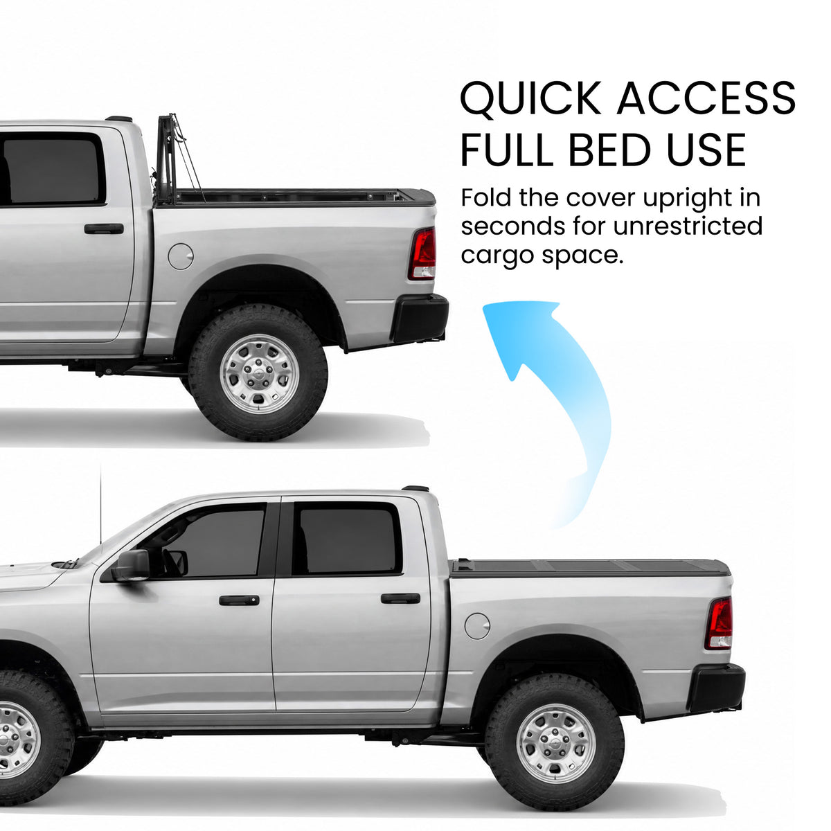 Dodge Ram 1500 Classic truck bed with the LX5 flip up tonneau cover shown closed and propped upright
