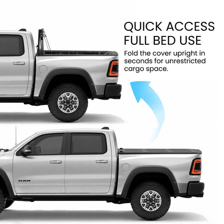 RAM 1500 truck bed with the LX5 flip up tonneau cover shown closed and propped upright