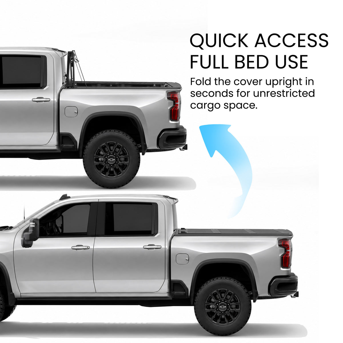 Chevy Silverado 1500 truck bed with the LX5 flip up tonneau cover shown closed and propped upright