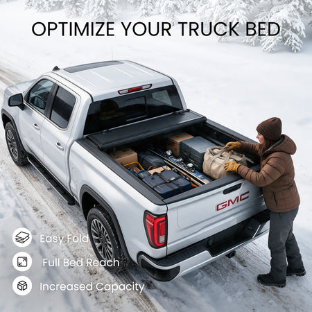 GMC Sierra 1500 bed with the L6 cover fully folded against the cab and loaded with bulky cargo