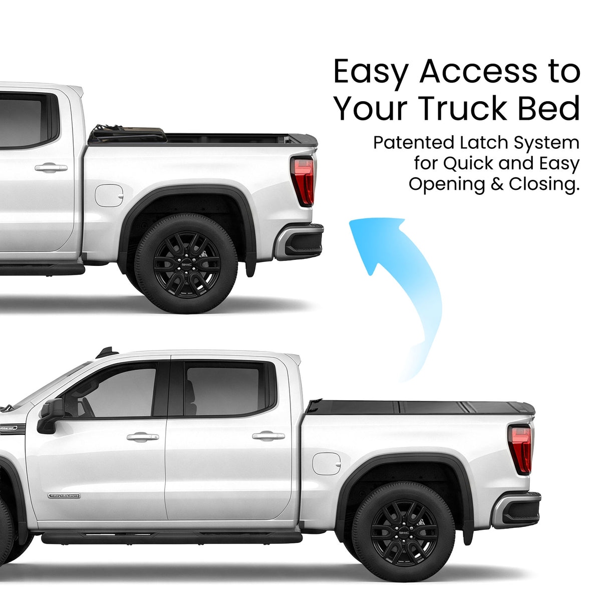 GMC Serria 1500 truck bed with the hard tri-fold tonneau cover shown closed and flipped open