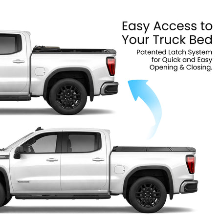 GMC Serria 1500 truck bed with the hard tri-fold tonneau cover shown closed and flipped open