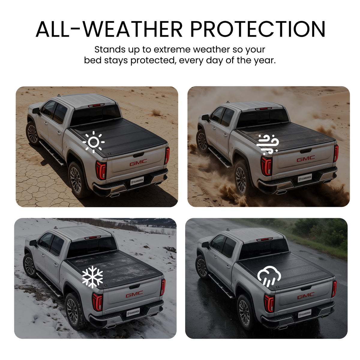 Hard quad-fold truck bed cover shielding cargo from sun, wind, snow, and rain across four weather scenes