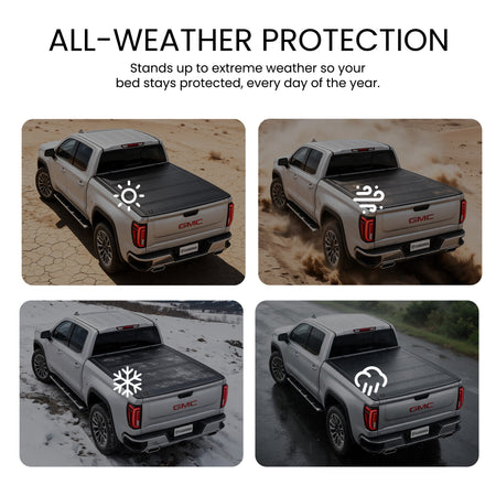 Hard quad-fold truck bed cover shielding cargo from sun, wind, snow, and rain across four weather scenes