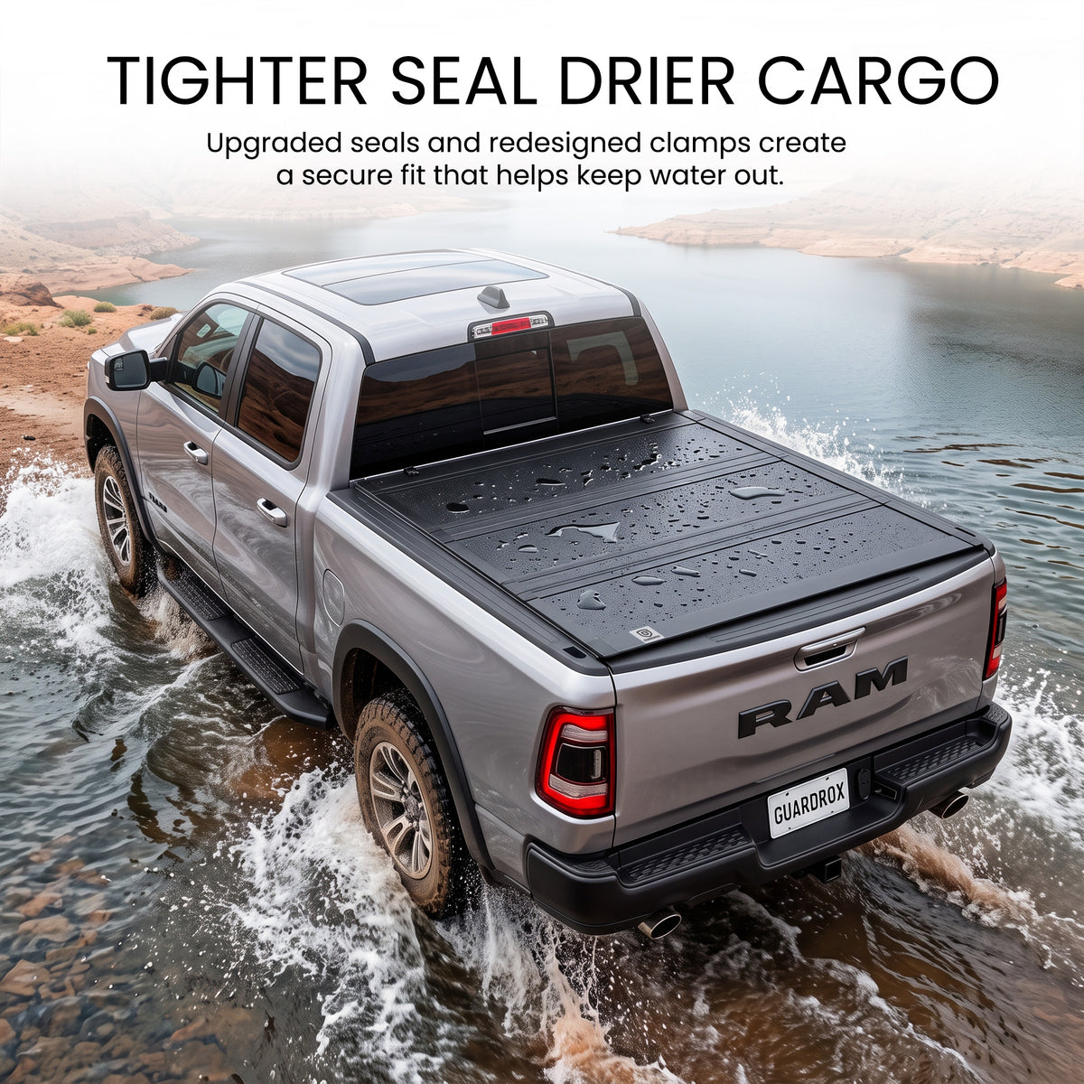 Waterproof flip up tonneau cover with upgraded seals fording a shallow stream