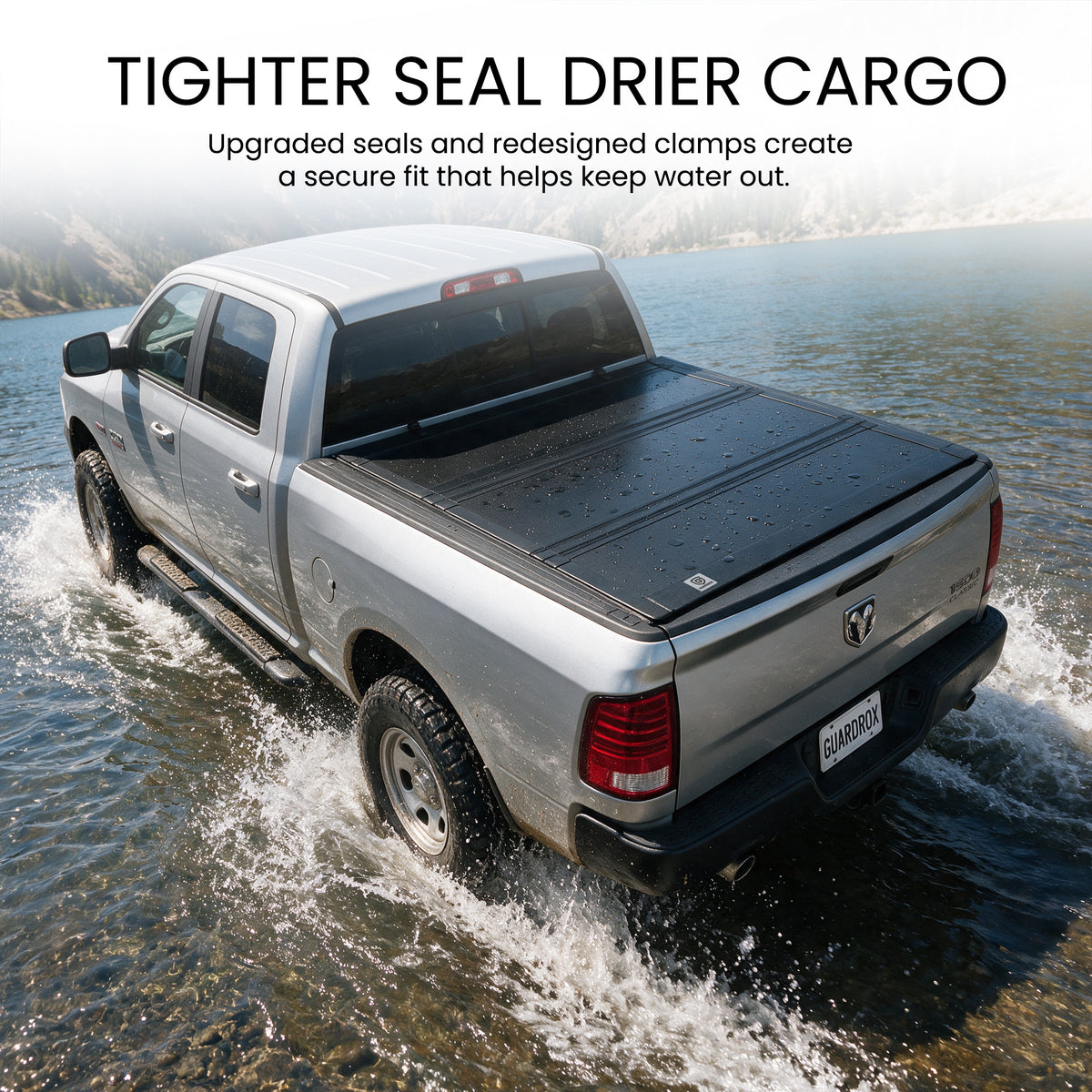 Waterproof flip up tonneau cover with upgraded seals fording a shallow stream