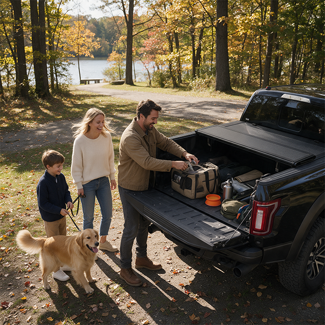 Family unpacking camping gear from an open Ford F-150 bed beside a lakeside campsite in autumn