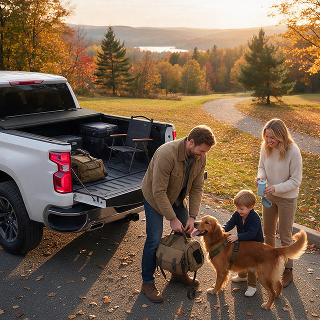 Family unpacking camping gear from an open silverado tonneau cover hard beside a lakeside campsite in autumn