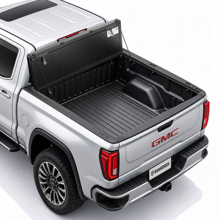 Guardrox LX5 flip up tonneau cover for 2019-2026 GMC Sierra 1500 6.7 ft bed, front panel propped upright