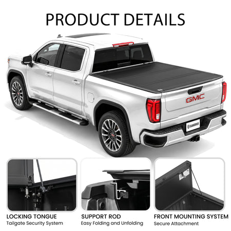 Low profile flip up tonneau cover callouts for front mounting clamps, locking tongue, and support rods