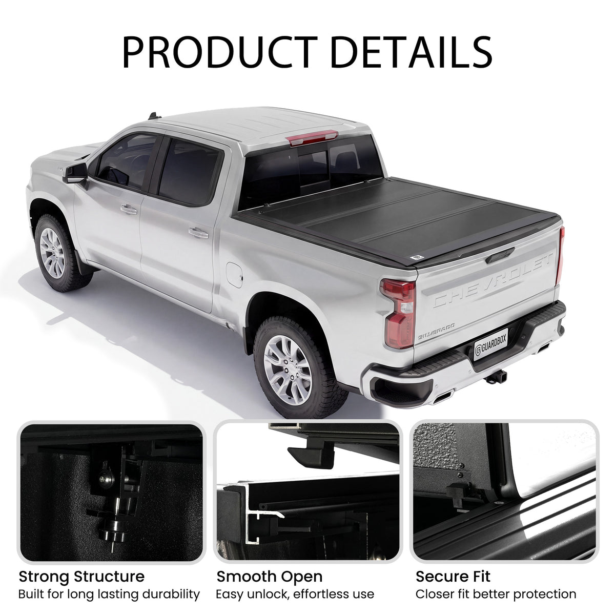 Low profile truck bed cover mounted on a pickup with callouts for strong structure, smooth opening, and secure fit