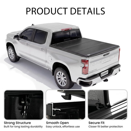 Low profile truck bed cover mounted on a pickup with callouts for strong structure, smooth opening, and secure fit