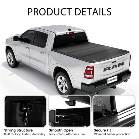 Low profile truck bed cover mounted on a pickup with callouts for strong structure, smooth opening, and secure fit