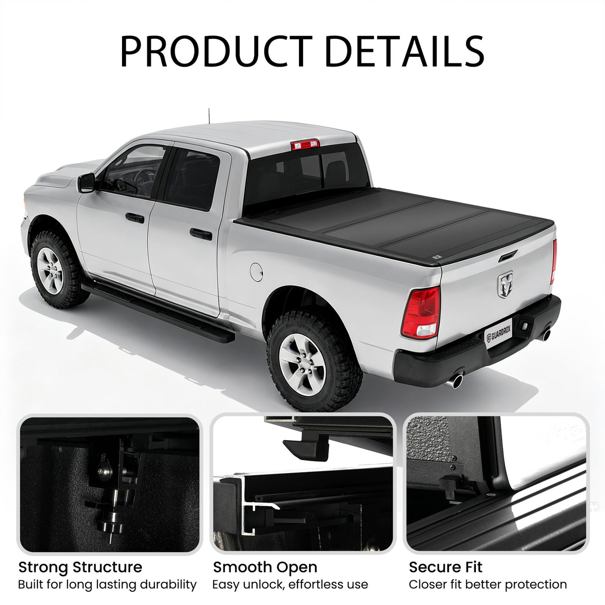 Low profile truck bed cover mounted on a pickup with callouts for strong structure, smooth opening, and secure fit