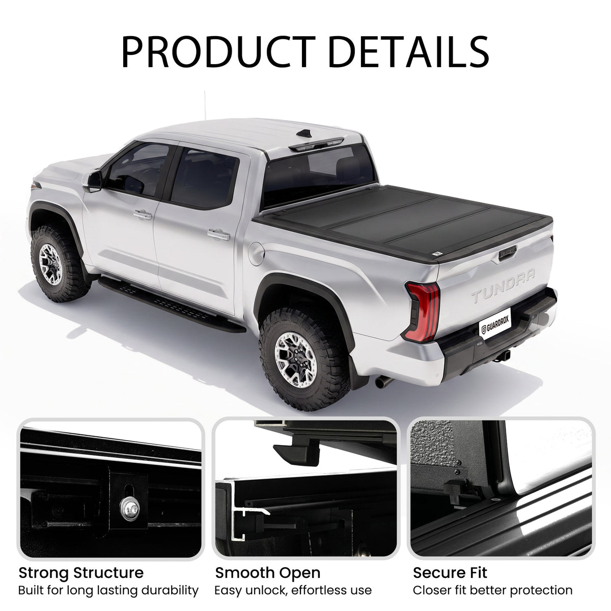 Low profile truck bed cover mounted on a pickup with callouts for strong structure, smooth opening, and secure fit