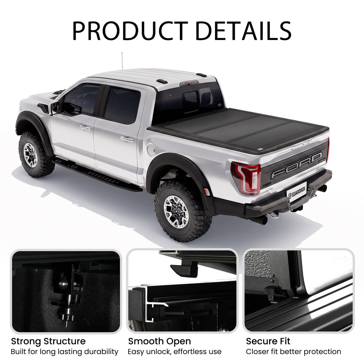 Low profile truck bed cover mounted on a pickup with callouts for strong structure, smooth opening, and secure fit