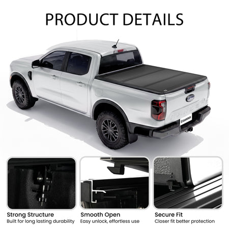 Low profile truck bed cover mounted on a pickup with callouts for strong structure, smooth opening, and secure fit