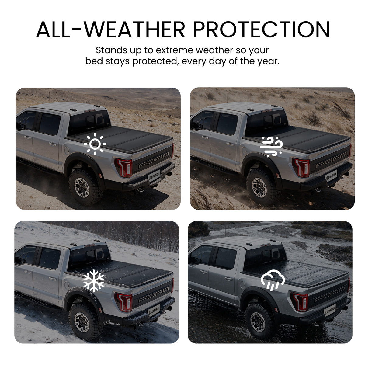 Hard truck bed cover shielding cargo from sun, wind, snow, and rain across four weather scenes