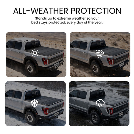 Hard truck bed cover shielding cargo from sun, wind, snow, and rain across four weather scenes